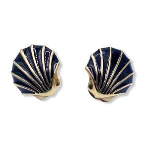 VTG 80s Monet Signed Clam Shell Clip-On Earrings Art Deco Estate Gold Tone Black